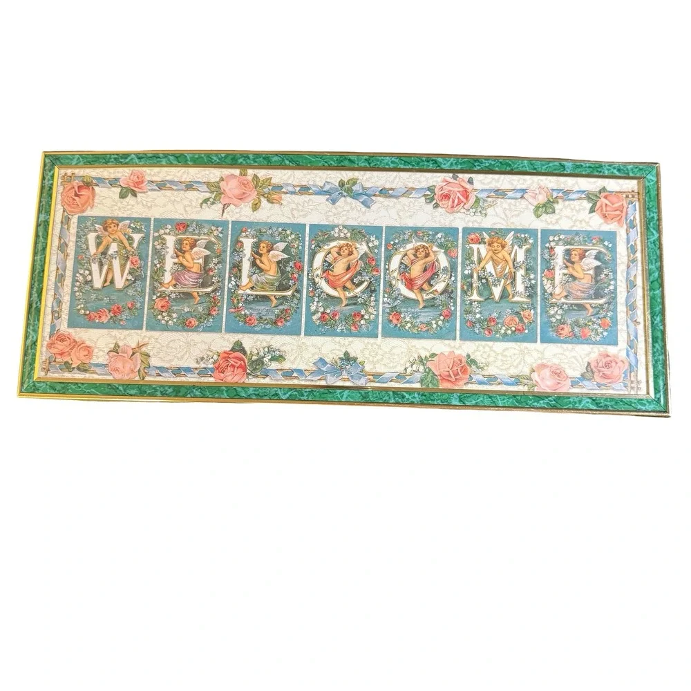 Vintage Victorian Cherub Welcome Sign Framed Wall Decor Roses Gold Green 19.5x8